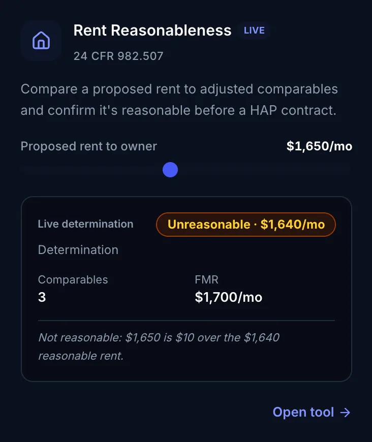 A rent reasonableness determination: the proposed rent, comparables and the result