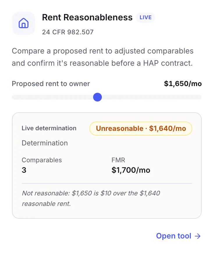 A rent reasonableness determination: the proposed rent, comparables and the result