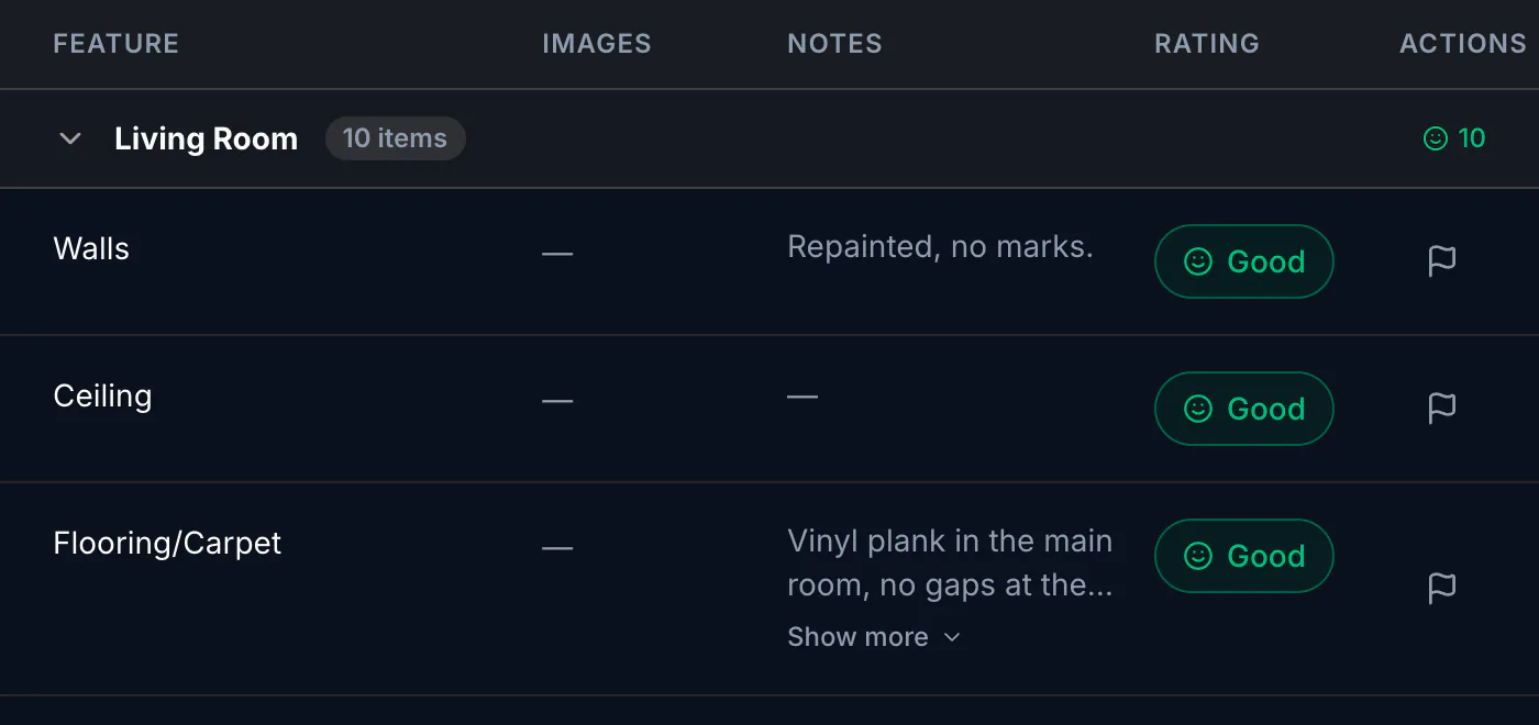 A move-in inspection, room by room, with each item rated
