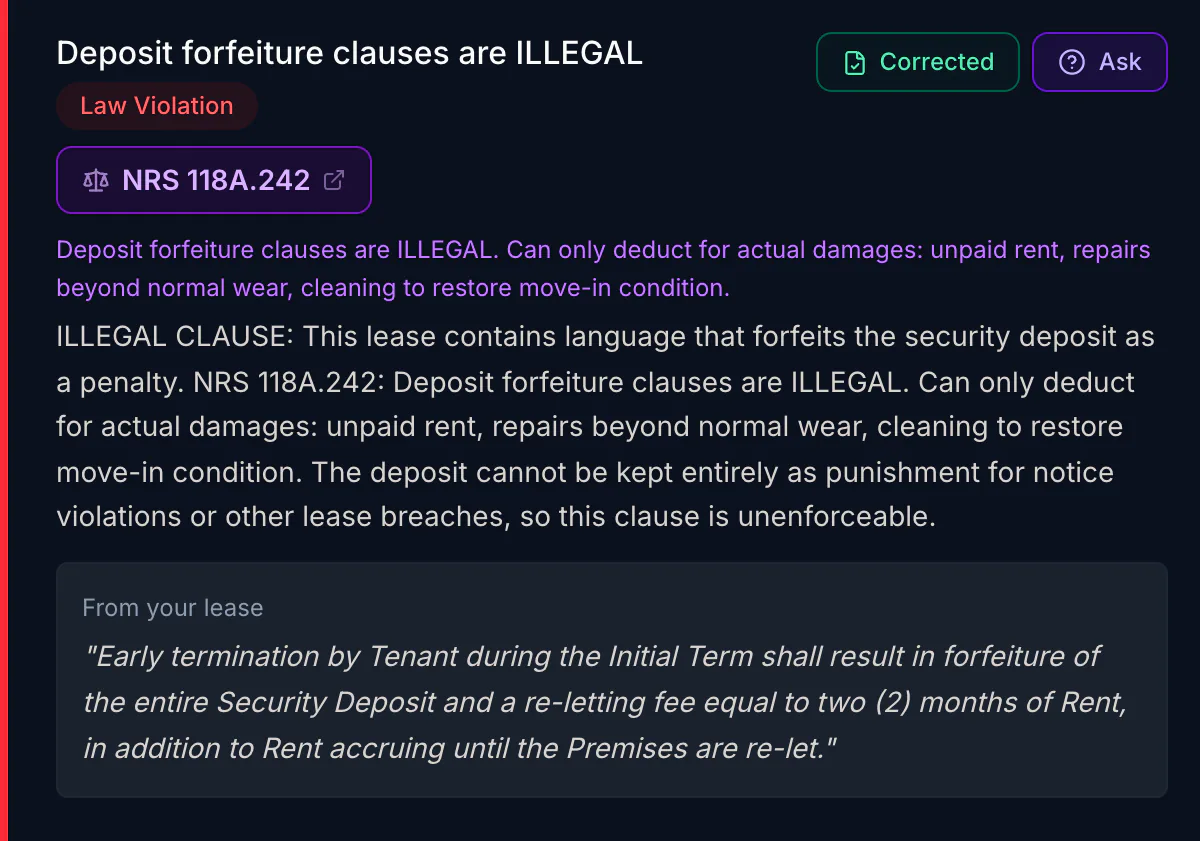 A law violation found in a lease: the Nevada statute it breaks and the clause quoted