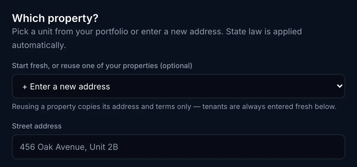 Creating a lease: pick the property, and state law is applied automatically