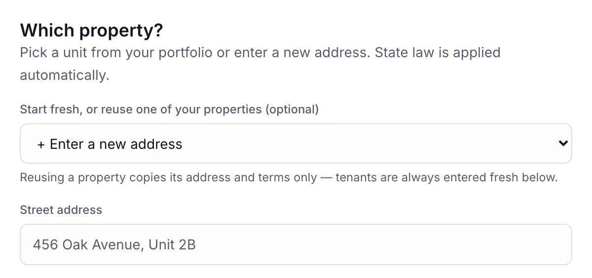 Creating a lease: pick the property, and state law is applied automatically
