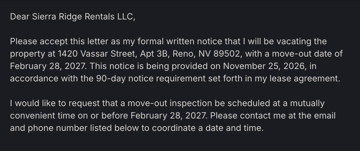 A notice to vacate drafted from the renter's own lease