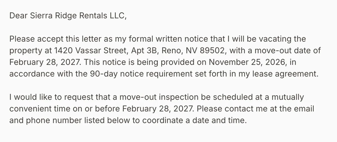A notice to vacate drafted from the renter's own lease