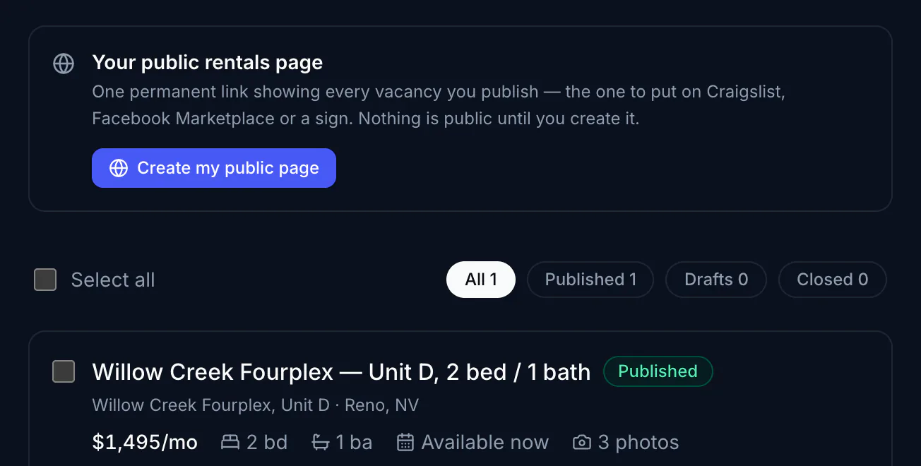 A public rentals page and a published listing