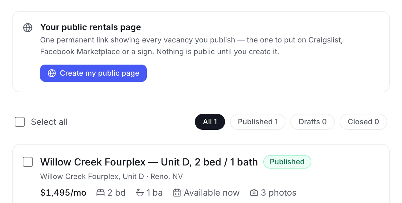 A public rentals page and a published listing