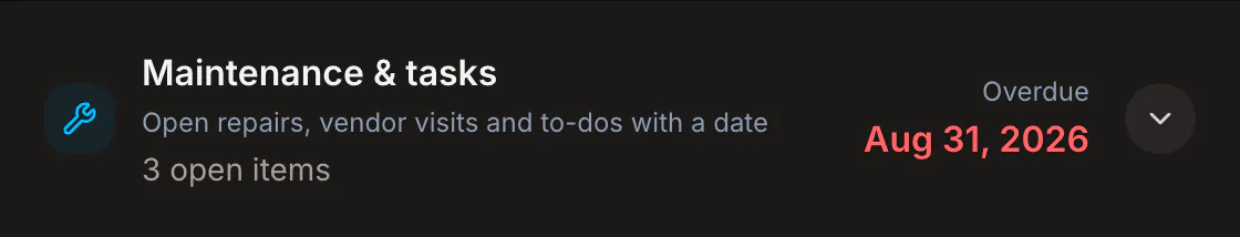 Maintenance and tasks: three open items, one overdue