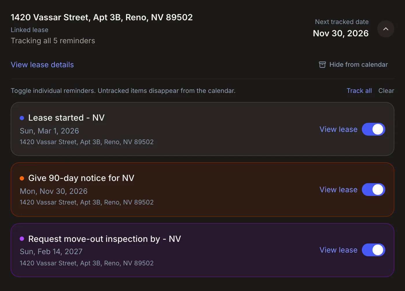 A lease's tracked dates: lease start, the notice date and the move-out inspection