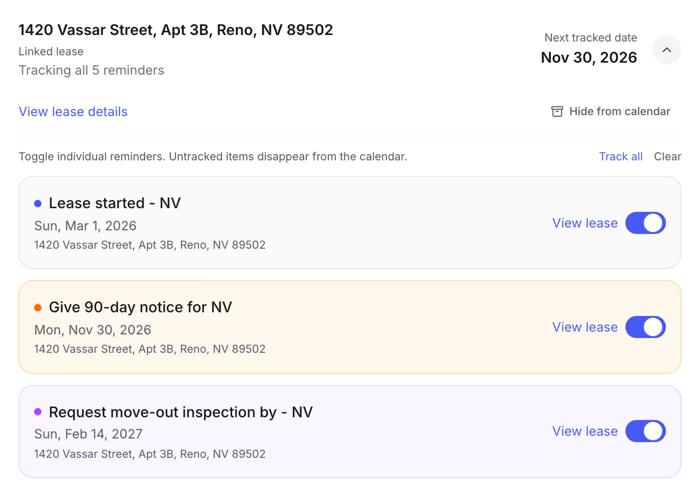 A lease's tracked dates: lease start, the notice date and the move-out inspection