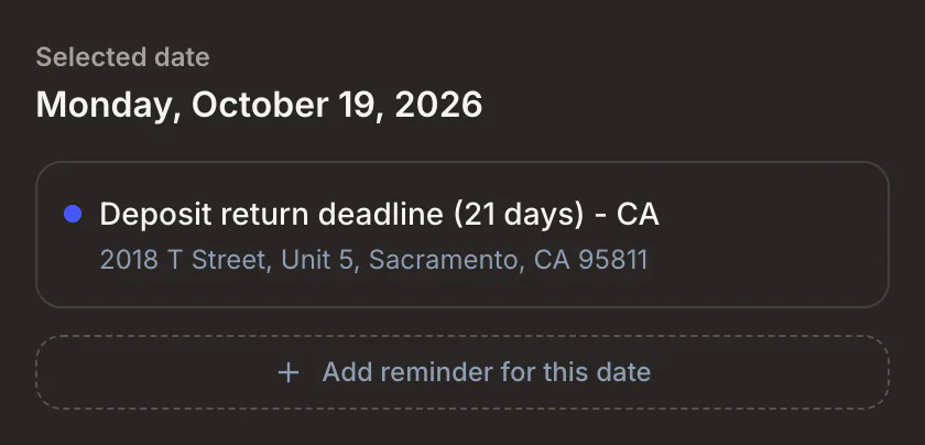 A deposit-return deadline on the selected day