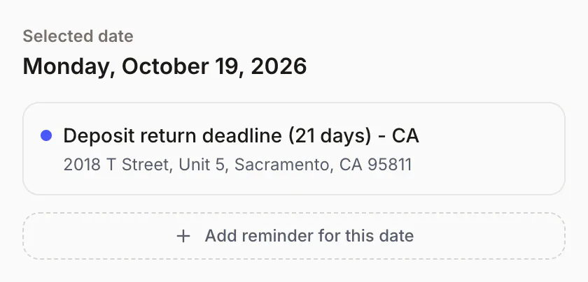 A deposit-return deadline on the selected day